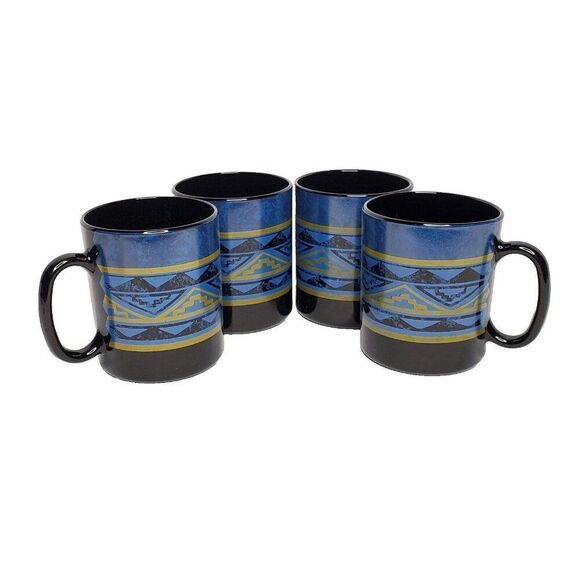 Southwestern Coffee Mug Black Glass Blue Green Geometric Western Tribal Aztec 4 - Picture 1 of 6
